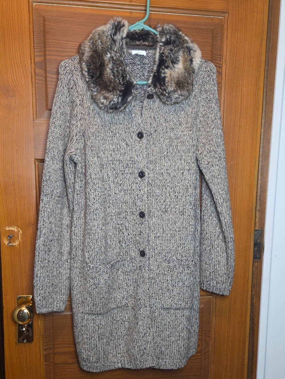 J. Jill Marled Taupe Knit Cardigan with Removable Faux Fur Collar